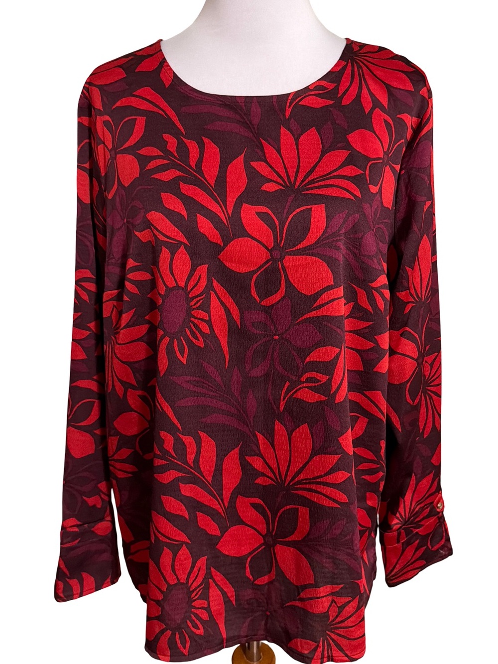 Liz Claiborne Red and Burgundy Floral Long-Sleeve Blouse